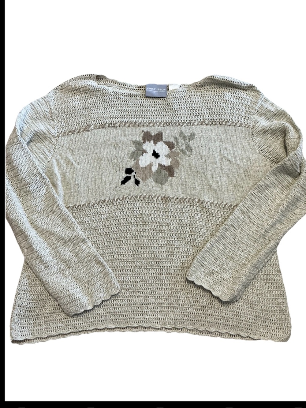 First Issue Sport Liz Claiborne XL Beige Floral Knit Sweater Cottagecore Boho